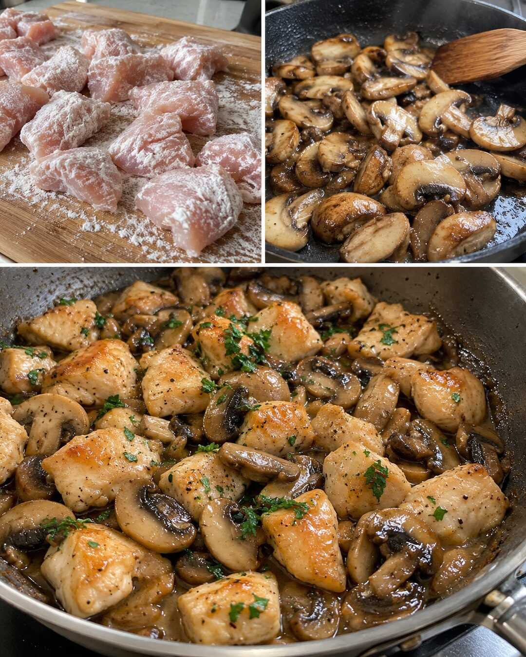 Pollo ai funghi in padella, con fondo cremoso — preparazione e piatto finito in un collage fotografico illustrativo