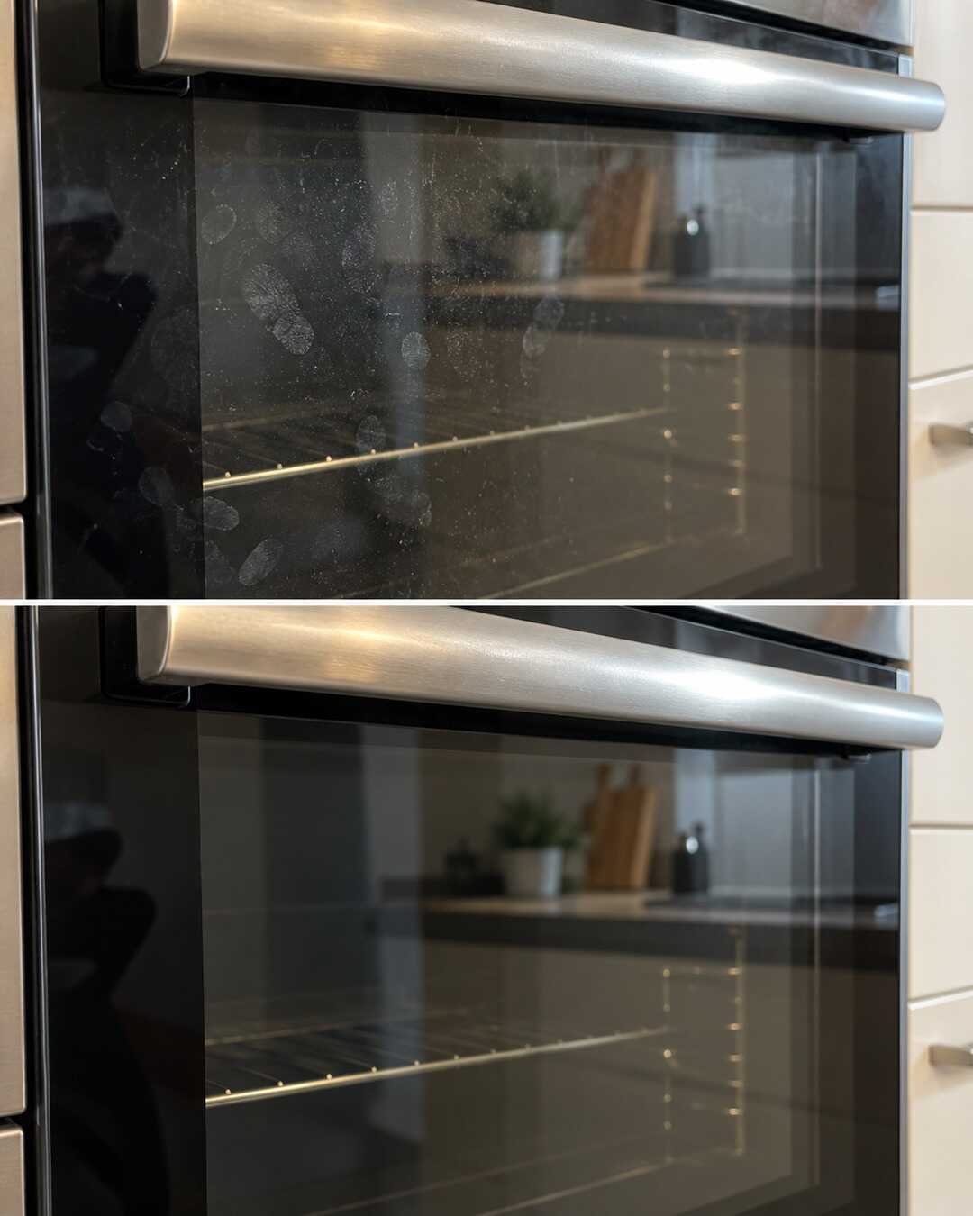 Vetro esterno della porta del forno con impronte prima e dopo la pulizia a forno spento e freddo.