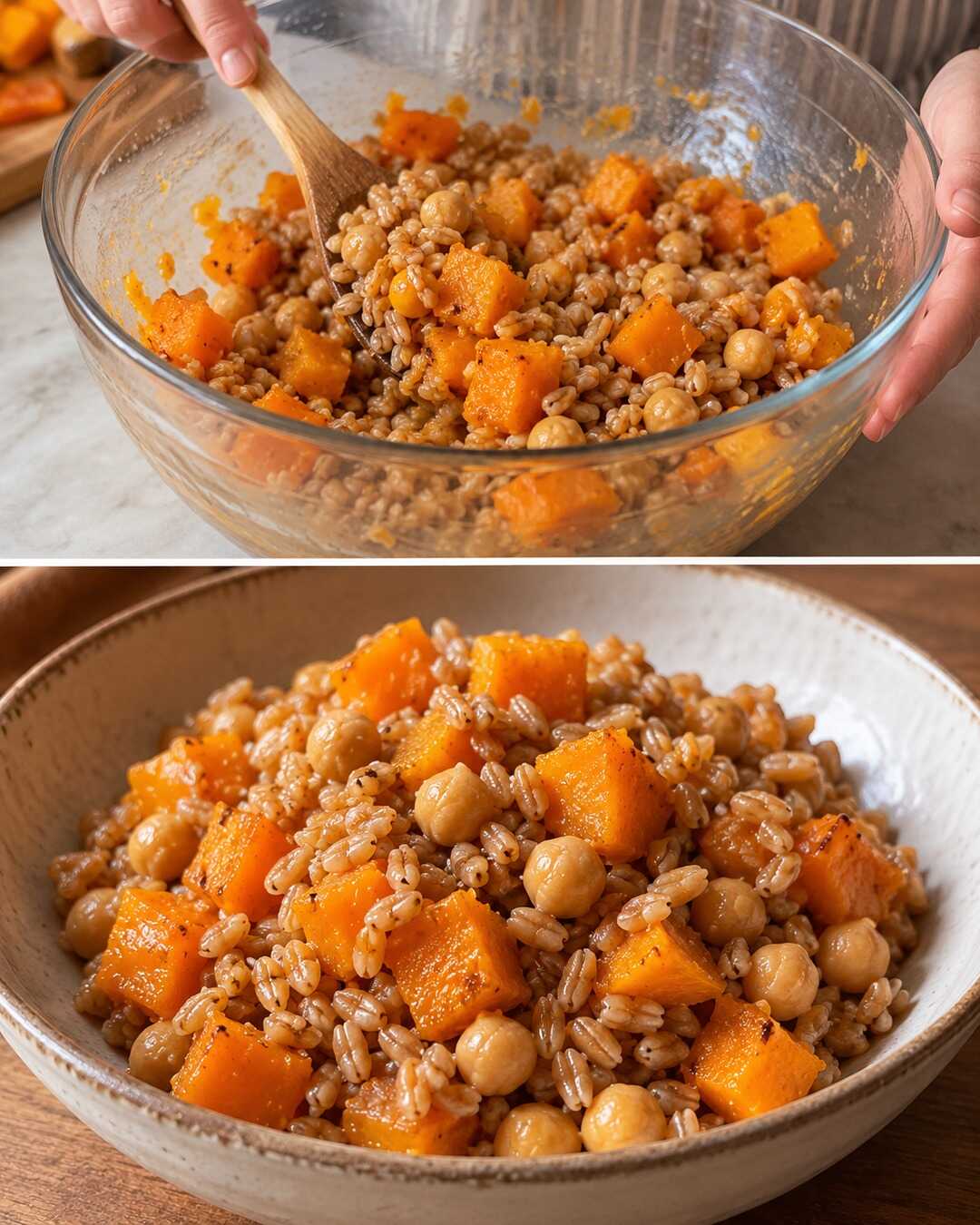 Farro con zucca e ceci: caldo, non asciutto — preparazione e piatto finito in un collage fotografico illustrativo