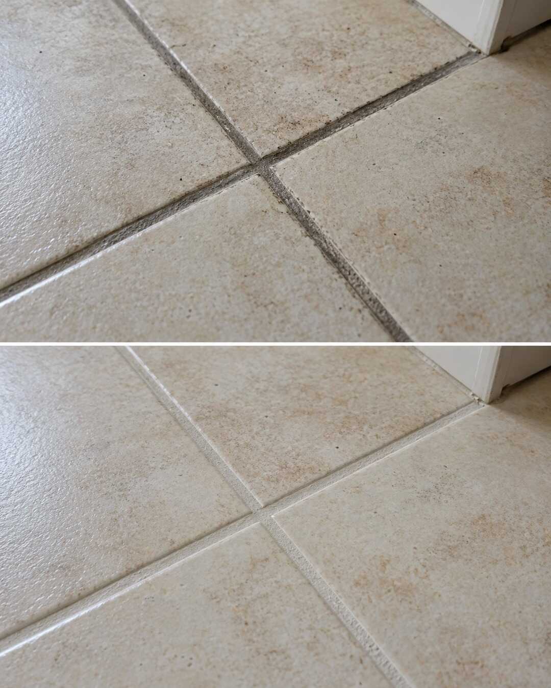 Same beige porcelain floor tiles with intact pale cement grout, modest grey surface dirt in grout before top and clean dry grout after bottom, exact same color and camera angle, no repaired cracked grout.