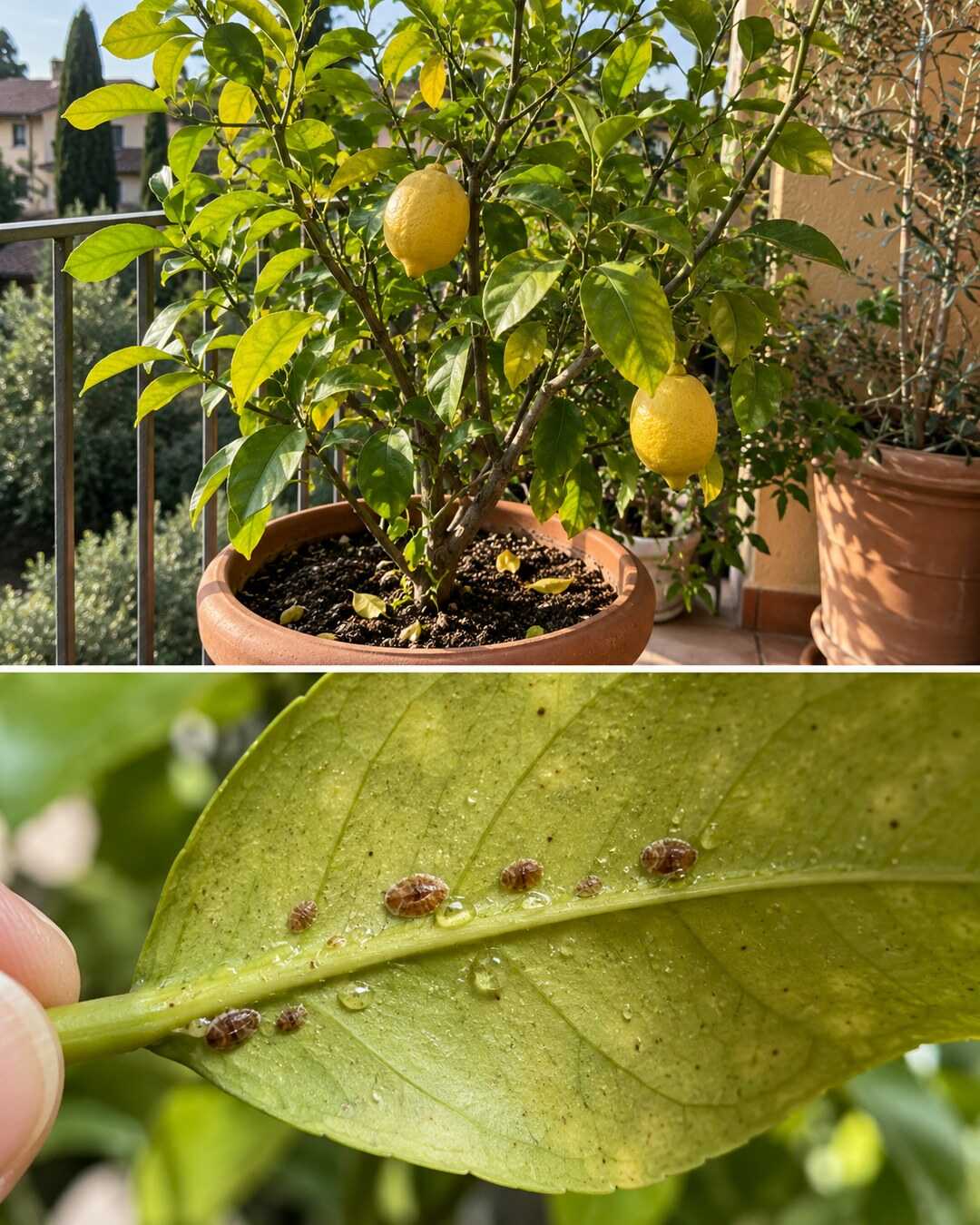 Limone in vaso e dettaglio della pagina inferiore di una foglia con piccoli rilievi e gocce appiccicose.