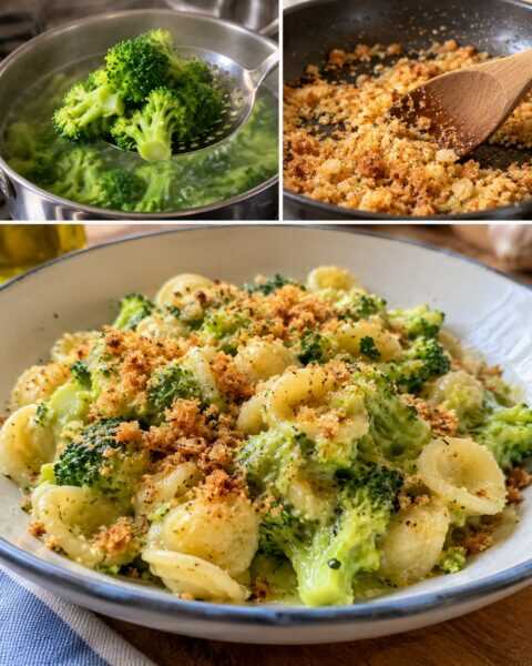 Pasta broccoli e acciughe, con briciole dorate