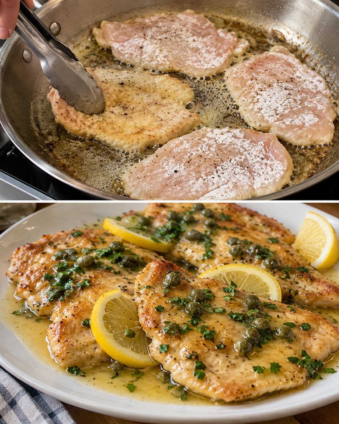 Pollo al limone e capperi, con salsa morbida — preparazione e piatto finito in un collage fotografico illustrativo