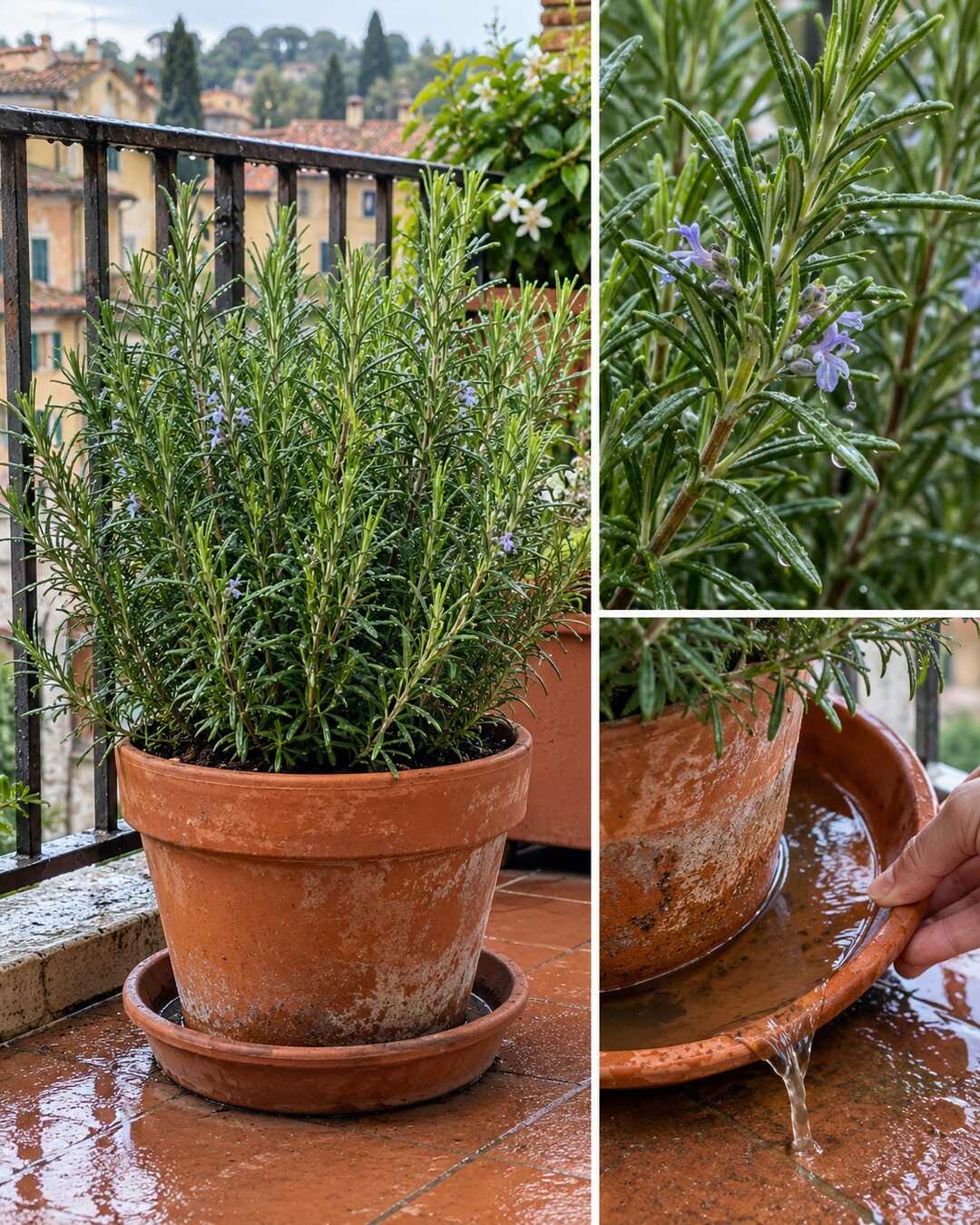 Healthy rosemary shrub with narrow needlelike leaves in terracotta pot on Italian balcony after rain; whole pot plus closeup showing saucer with a little collected water being removed, no dying-to-healthy transformation.