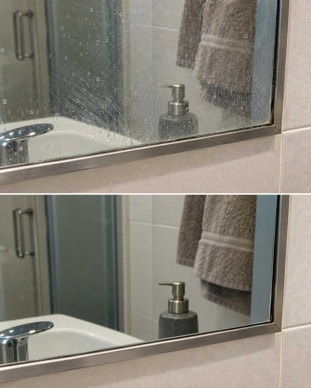 Specchio del bagno con aloni superficiali prima e dopo la pulizia, con attenzione al bordo asciutto.
