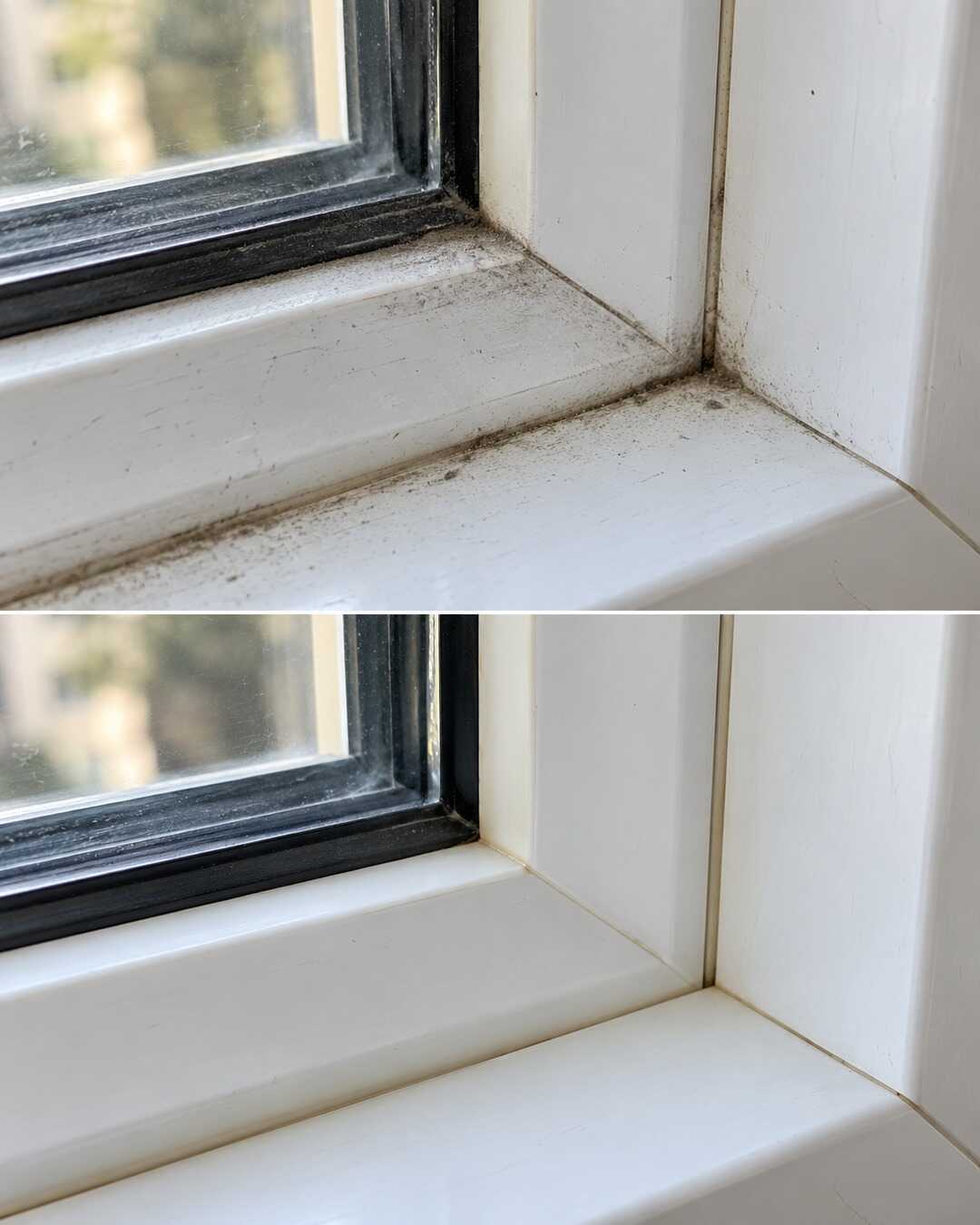 Same indoor white PVC-U window frame corner, light grey dust in recess before top and clean dry after bottom, same intact seal and existing faint yellowing preserved, no open exterior hazard.