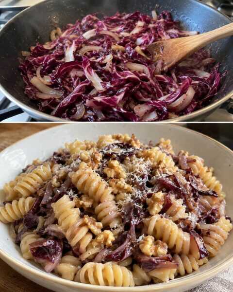 Pasta radicchio e noci: contrasto cremoso e croccante