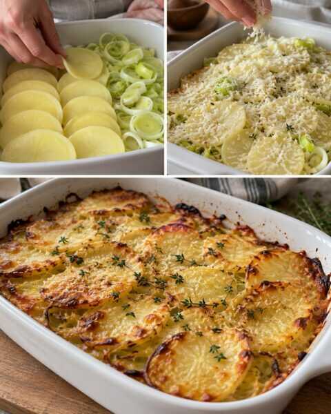 Patate e porri al forno, dorati ai bordi