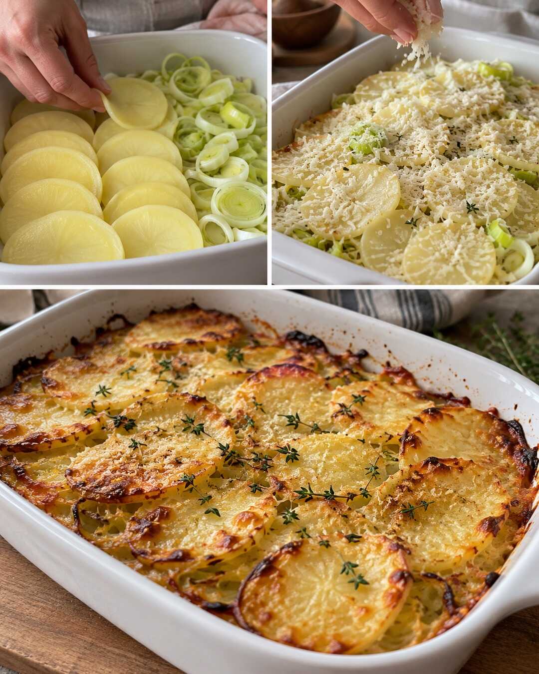 Patate e porri al forno, dorati ai bordi — preparazione e piatto finito in un collage fotografico illustrativo