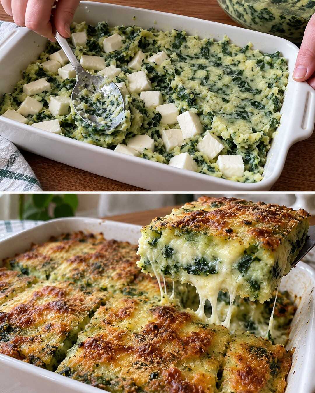 Sformato di patate e spinaci, con cuore filante — preparazione e piatto finito in un collage fotografico illustrativo