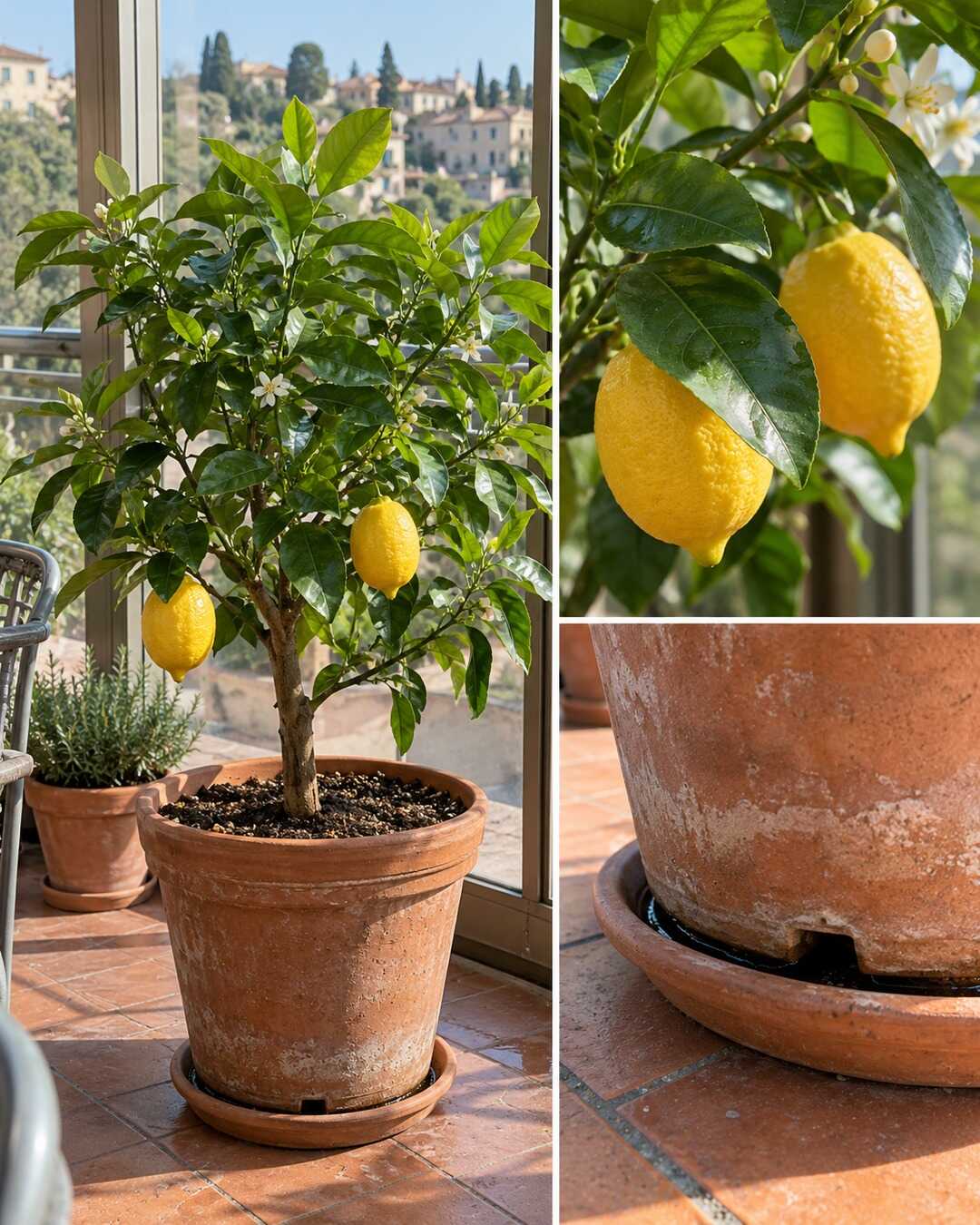 Citrus limon small potted lemon tree in terracotta container on sheltered bright Italian glazed terrace, glossy lanceolate citrus leaves and two lemons, whole tree plus pot drainage detail, no false frostproof claim.