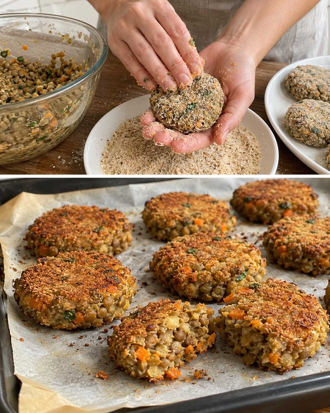 Polpette di lenticchie al forno, dorate fuori — preparazione e piatto finito in un collage fotografico illustrativo