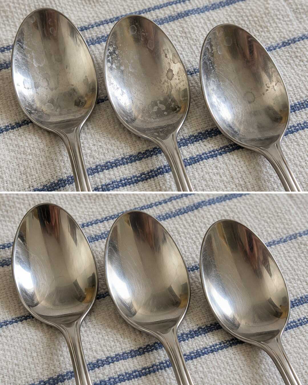 Cucchiai in acciaio inox con segni di gocce prima e dopo il lavaggio e l’asciugatura a mano.