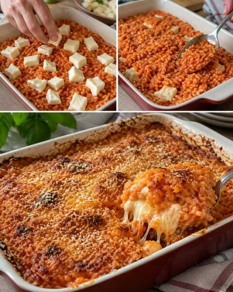 Riso al forno, pomodoro e mozzarella filante