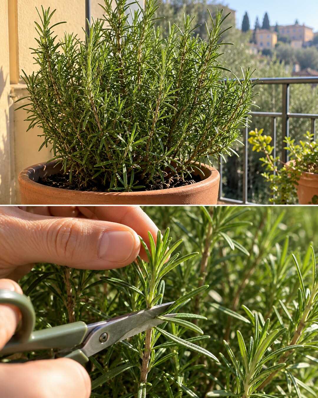 Rosmarino in vaso e dettaglio della raccolta di una piccola punta verde, lasciando intatti i rami legnosi.